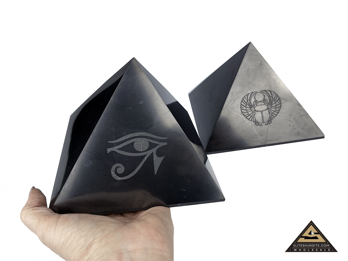 Pyramid 15 x 15 cm CARVING HORUS EYE/SCARAB by eliteshungite.com